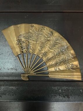 Vintage Brass Folding Fan mcm Wall Decor dragon
